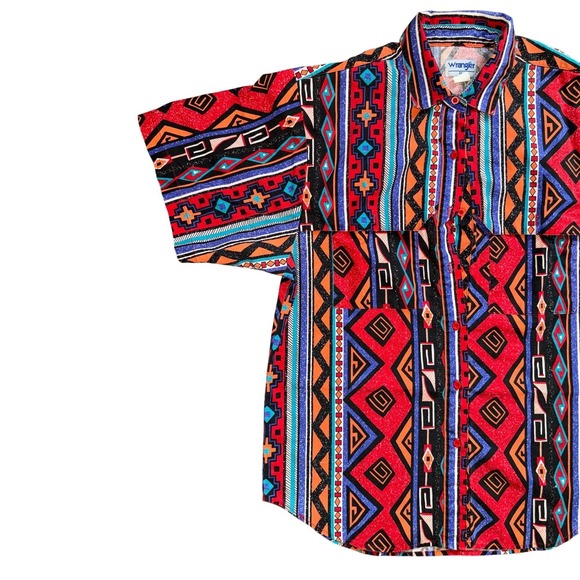 Vintage Wrangler Brushpopper Shirt Mens XL Red Aztec Geometric Short Sleeve - Picture 3 of 8